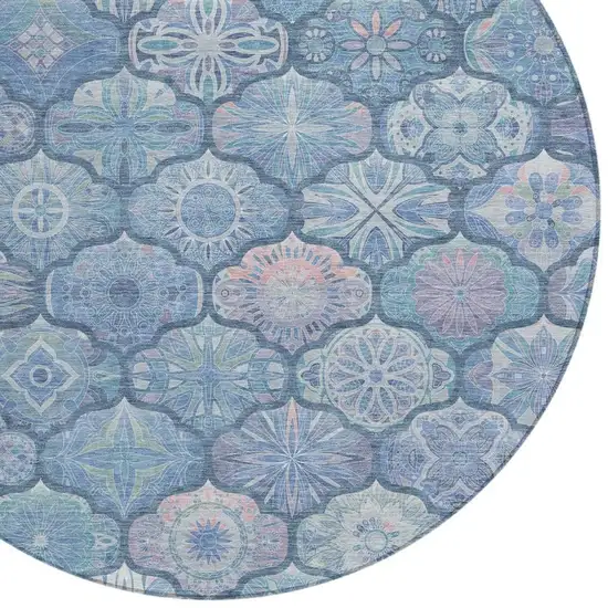 8' Denim Blue And Blue Round Ogee Washable Indoor Outdoor Area Rug Photo 2