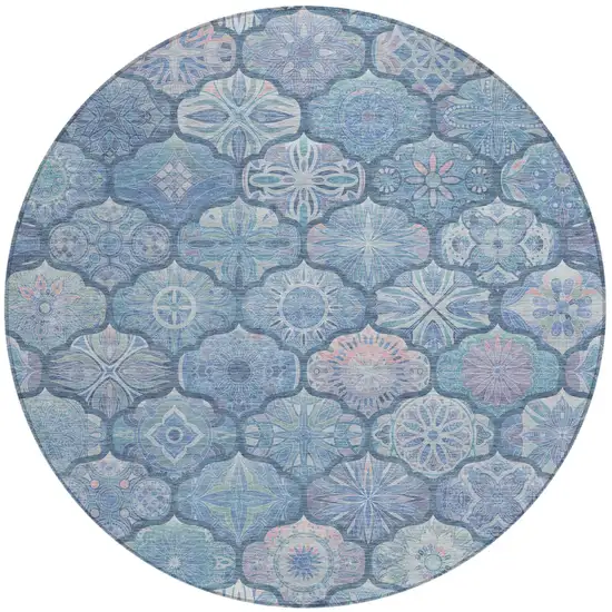 8' Denim Blue And Blue Round Ogee Washable Indoor Outdoor Area Rug Photo 3