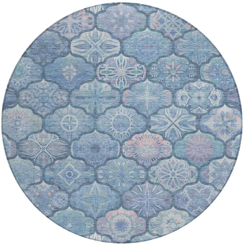 8' Denim Blue And Blue Round Ogee Washable Indoor Outdoor Area Rug Photo 3