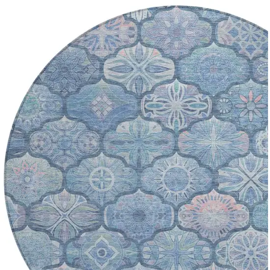 8' Denim Blue And Blue Round Ogee Washable Indoor Outdoor Area Rug Photo 4