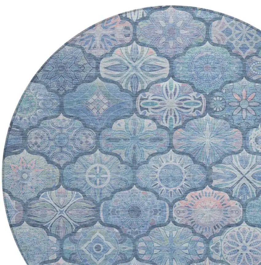 8' Denim Blue And Blue Round Ogee Washable Indoor Outdoor Area Rug Photo 4