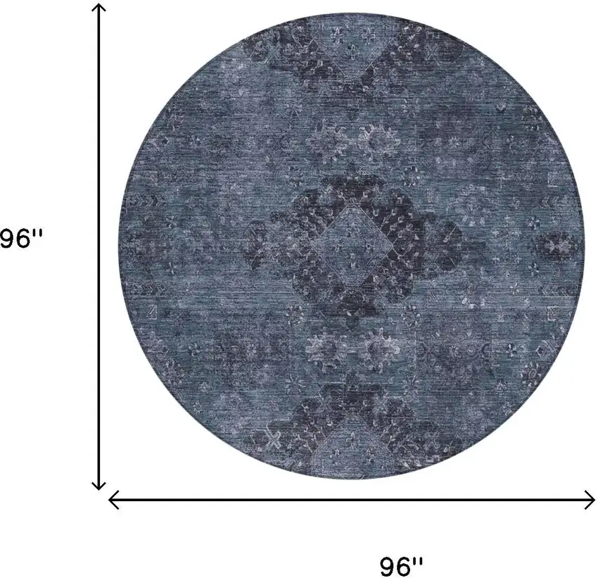 8' Denim Blue And Blue Round Oriental Washable Indoor Outdoor Area Rug Photo 5
