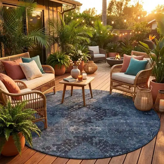 8' Denim Blue And Blue Round Oriental Washable Indoor Outdoor Area Rug Photo 1