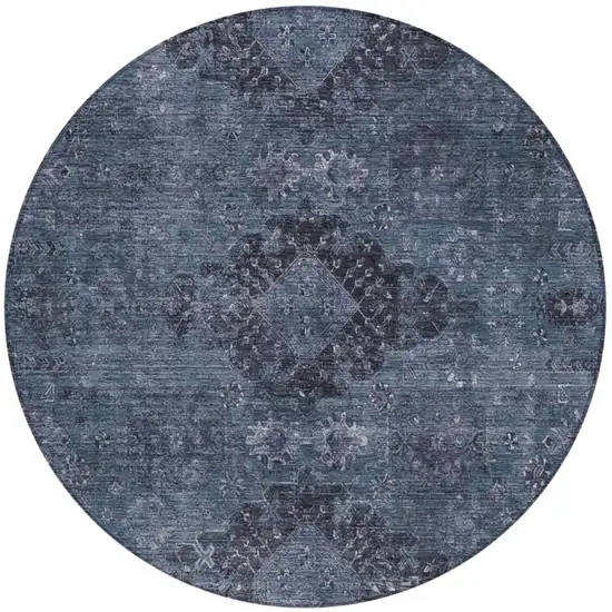 8' Denim Blue And Blue Round Oriental Washable Indoor Outdoor Area Rug Photo 2
