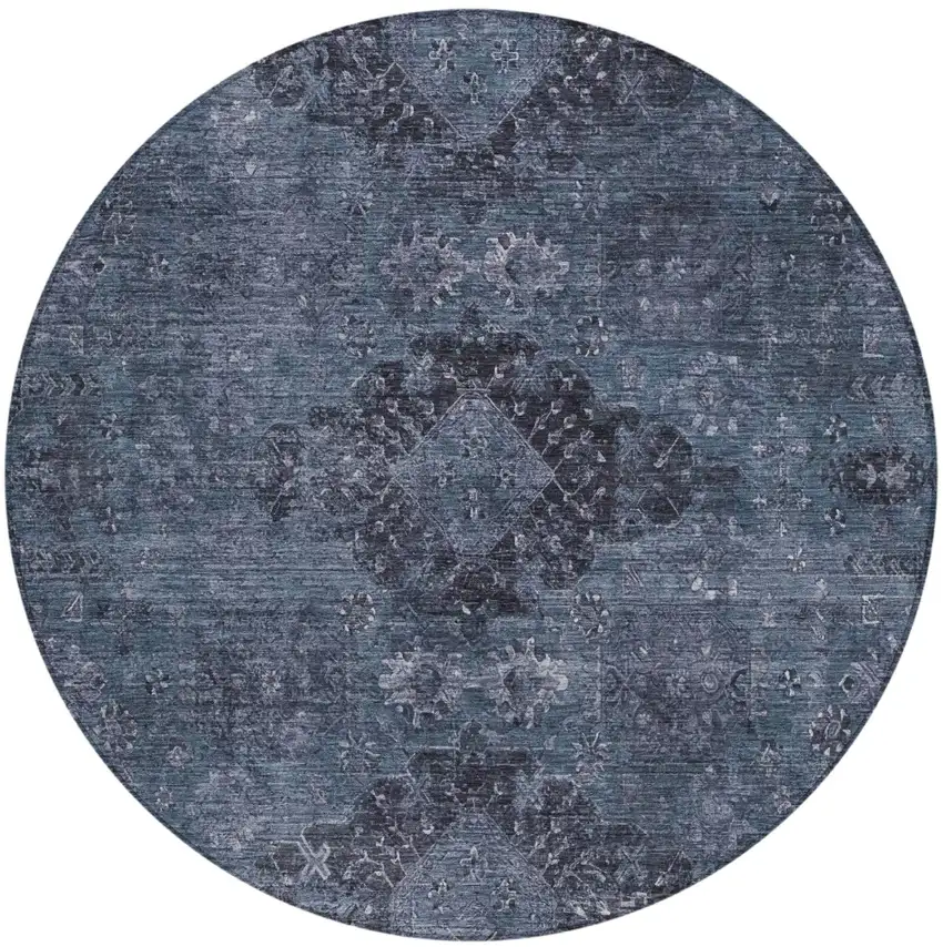 8' Denim Blue And Blue Round Oriental Washable Indoor Outdoor Area Rug Photo 2