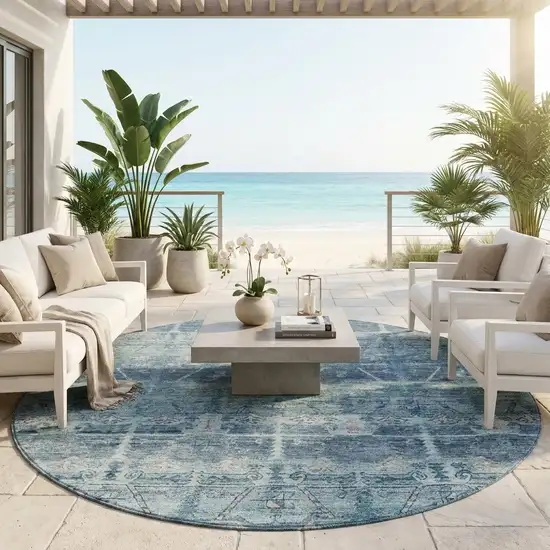 8' Denim Blue And Blue Round Tribal Washable Indoor Outdoor Area Rug Photo 1