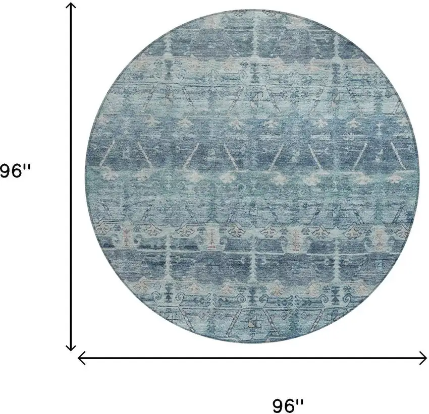 8' Denim Blue And Blue Round Tribal Washable Indoor Outdoor Area Rug Photo 7