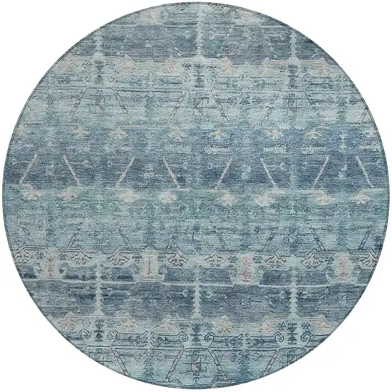 8' Denim Blue And Blue Round Tribal Washable Indoor Outdoor Area Rug Photo 2