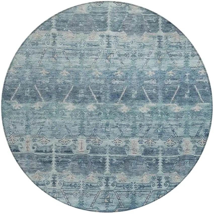 8' Denim Blue And Blue Round Tribal Washable Indoor Outdoor Area Rug Photo 2