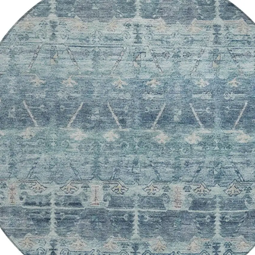 8' Denim Blue And Blue Round Tribal Washable Indoor Outdoor Area Rug Photo 3