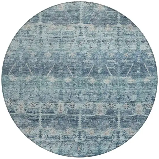 8' Denim Blue And Blue Round Tribal Washable Indoor Outdoor Area Rug Photo 4