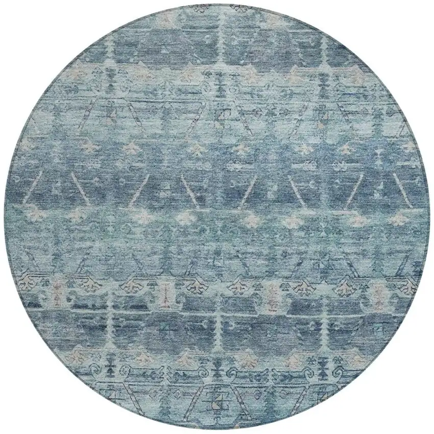 8' Denim Blue And Blue Round Tribal Washable Indoor Outdoor Area Rug Photo 4