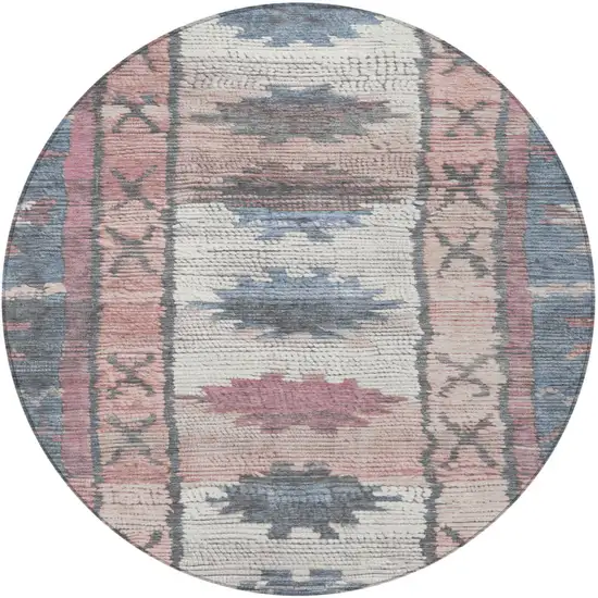 8' Denim Blue And Blush Round Tribal Washable Indoor Outdoor Area Rug Photo 3