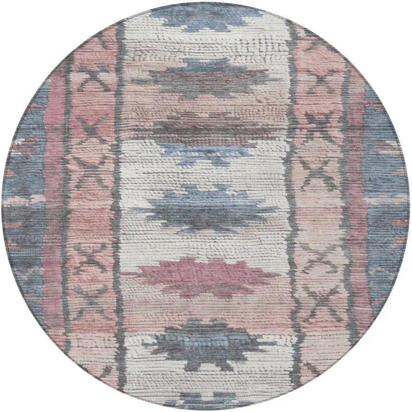 8' Denim Blue And Blush Round Tribal Washable Indoor Outdoor Area Rug Photo 3