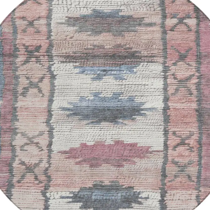 8' Denim Blue And Blush Round Tribal Washable Indoor Outdoor Area Rug Photo 7