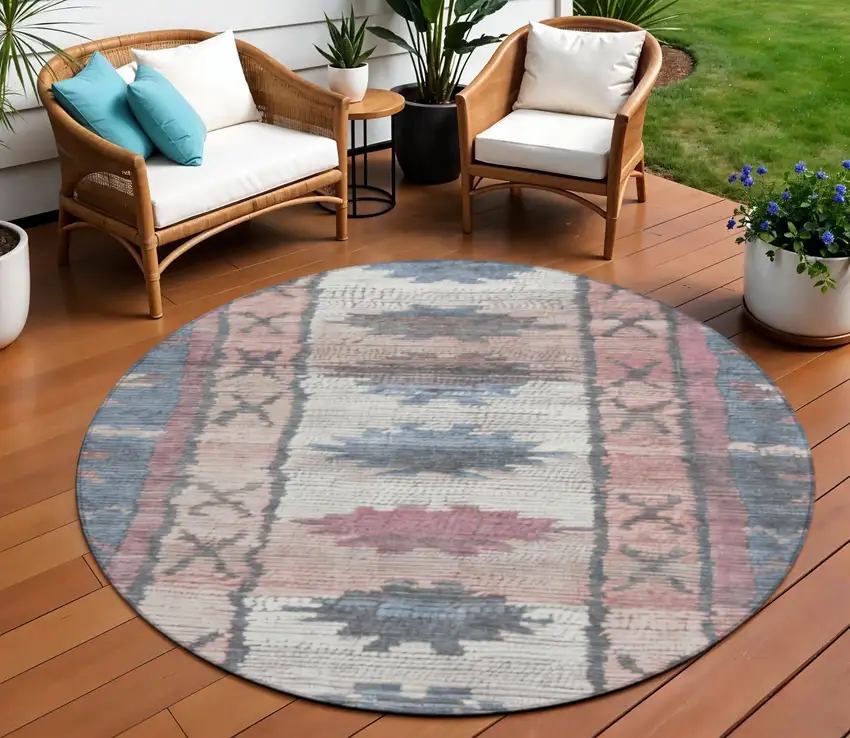 8' Denim Blue And Blush Round Tribal Washable Indoor Outdoor Area Rug Photo 2