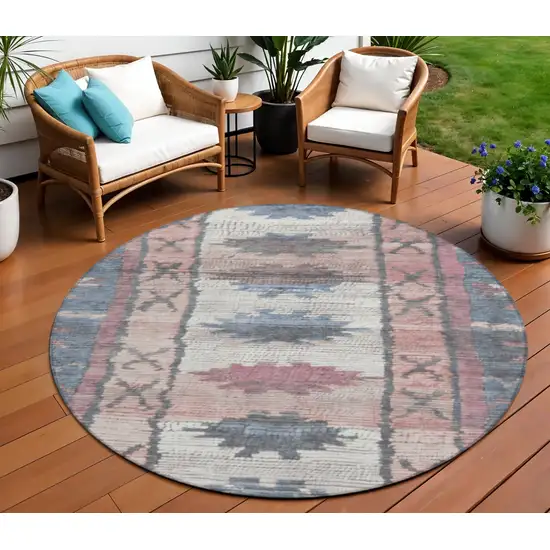 8' Denim Blue And Blush Round Tribal Washable Indoor Outdoor Area Rug Photo 2