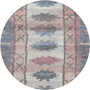 Photo of 8' Denim Blue And Blush Round Tribal Washable Indoor Outdoor Area Rug