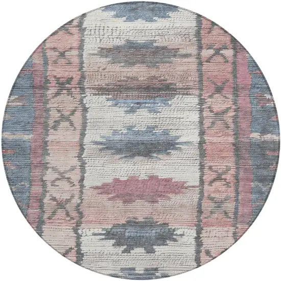 8' Denim Blue And Blush Round Tribal Washable Indoor Outdoor Area Rug Photo 1