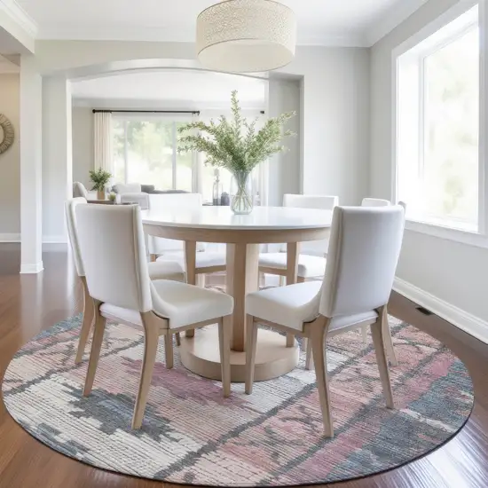 8' Denim Blue And Blush Round Tribal Washable Indoor Outdoor Area Rug Photo 5