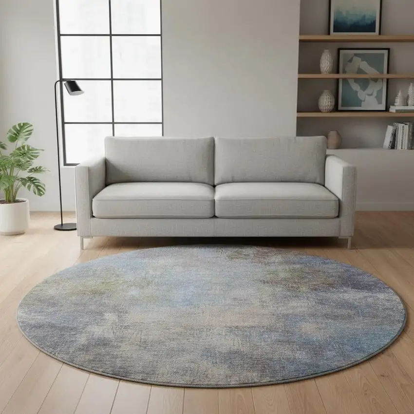 8' Denim Blue And Brown Abstract Washable Round Rug With UV Protection Photo 2