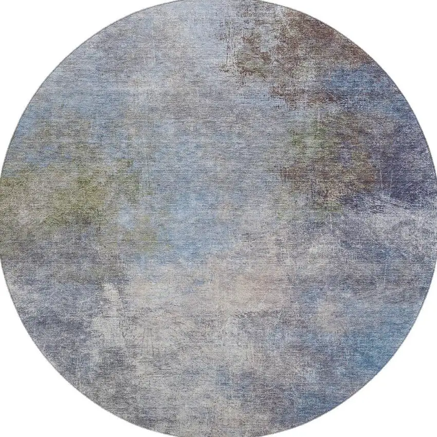 8' Denim Blue And Brown Abstract Washable Round Rug With UV Protection Photo 4