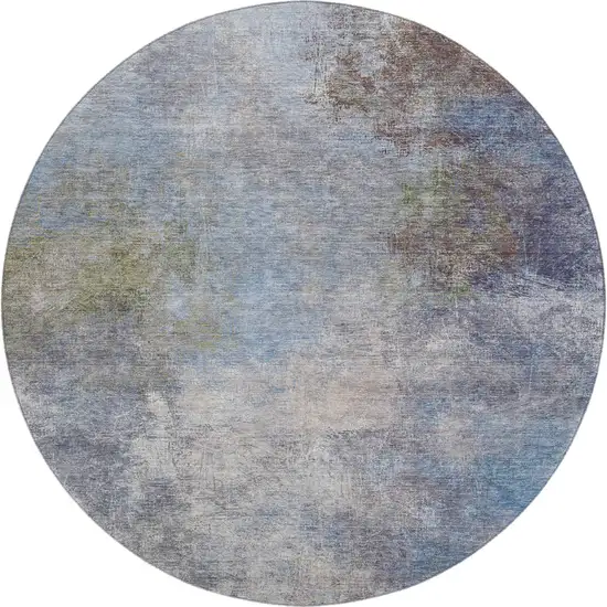 8' Denim Blue And Brown Abstract Washable Round Rug With UV Protection Photo 1