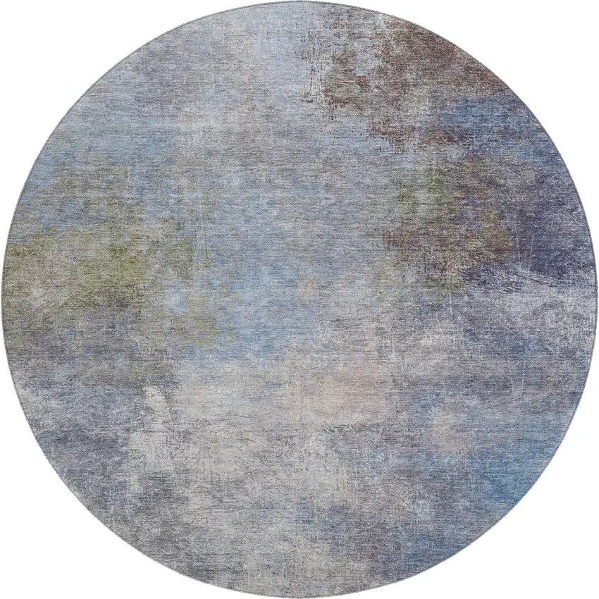 8' Denim Blue And Brown Abstract Washable Round Rug With UV Protection Photo 1