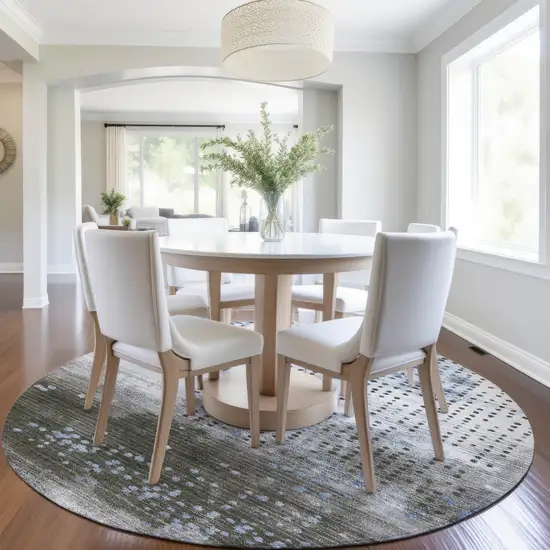 8' Denim Blue And Brown Round Geometric Washable Indoor Outdoor Area Rug Photo 6