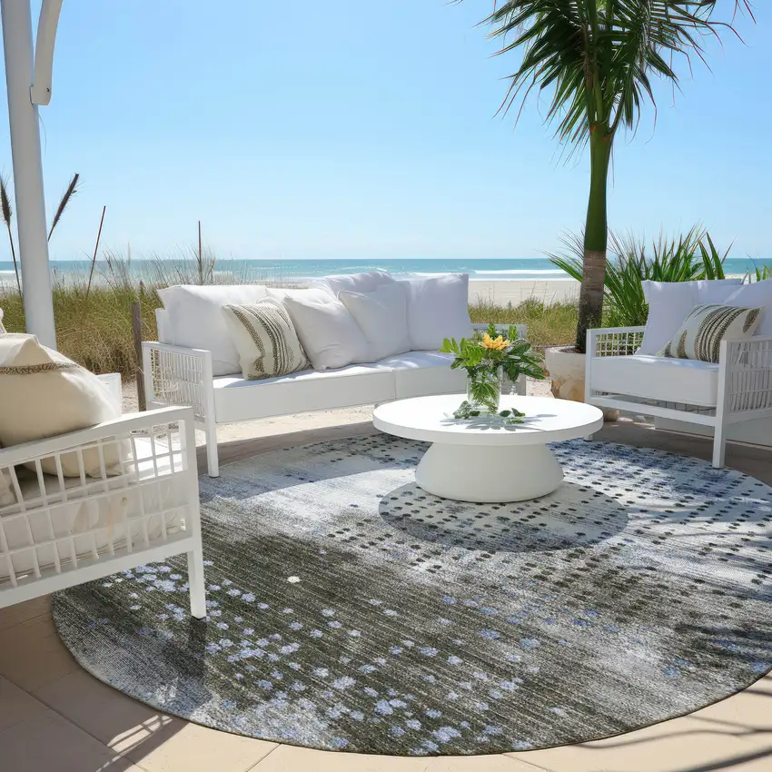 8' Denim Blue And Brown Round Geometric Washable Indoor Outdoor Area Rug Photo 5