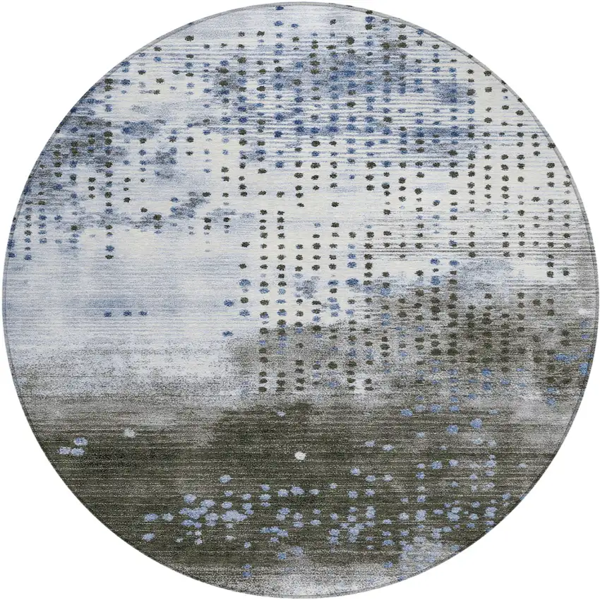 8' Denim Blue And Brown Round Geometric Washable Indoor Outdoor Area Rug Photo 1