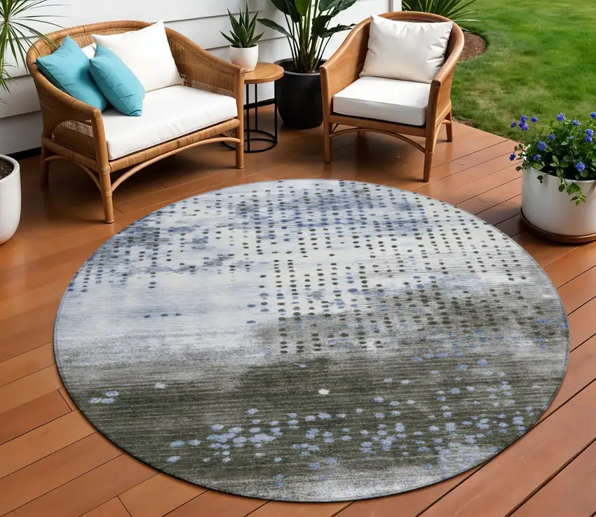 8' Denim Blue And Brown Round Geometric Washable Indoor Outdoor Area Rug Photo 2