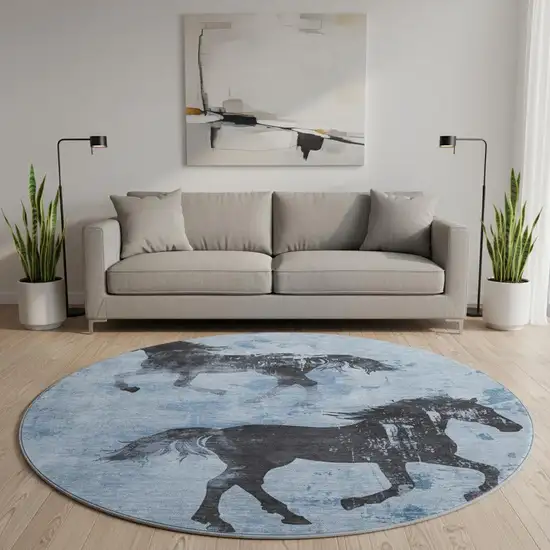 8' Denim Blue And Charcoal Animal Print Washable Round Rug With UV Protection Photo 2