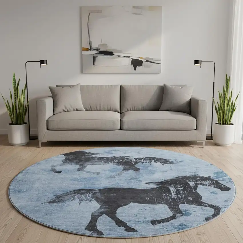 8' Denim Blue And Charcoal Animal Print Washable Round Rug With UV Protection Photo 2