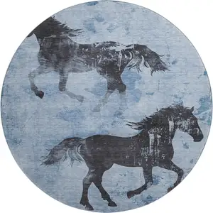 Photo of 8' Denim Blue And Charcoal Animal Print Washable Round Rug With UV Protection