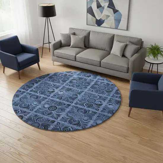 8' Denim Blue And Charcoal Medallion Washable Round Rug With UV Protection Photo 2