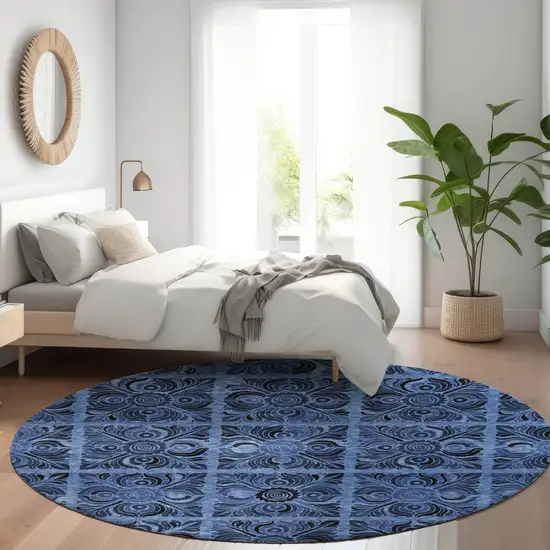 8' Denim Blue And Charcoal Medallion Washable Round Rug With UV Protection Photo 5