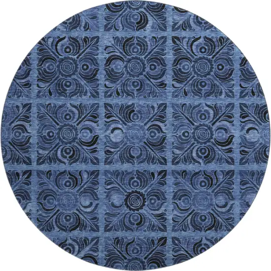8' Denim Blue And Charcoal Medallion Washable Round Rug With UV Protection Photo 1