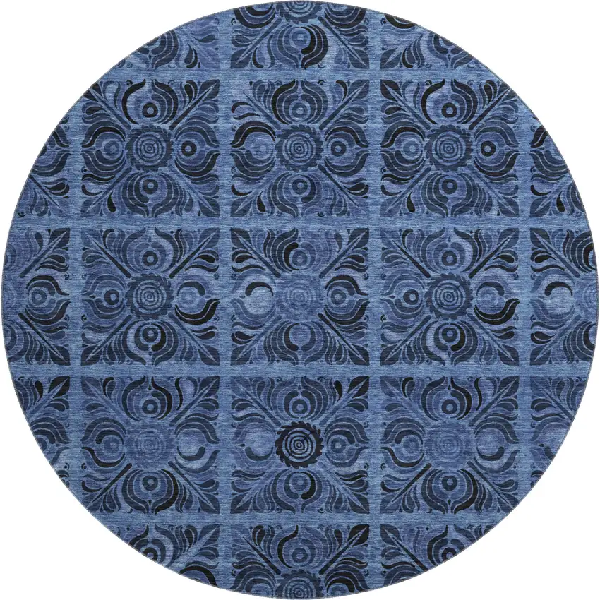 8' Denim Blue And Charcoal Medallion Washable Round Rug With UV Protection Photo 1