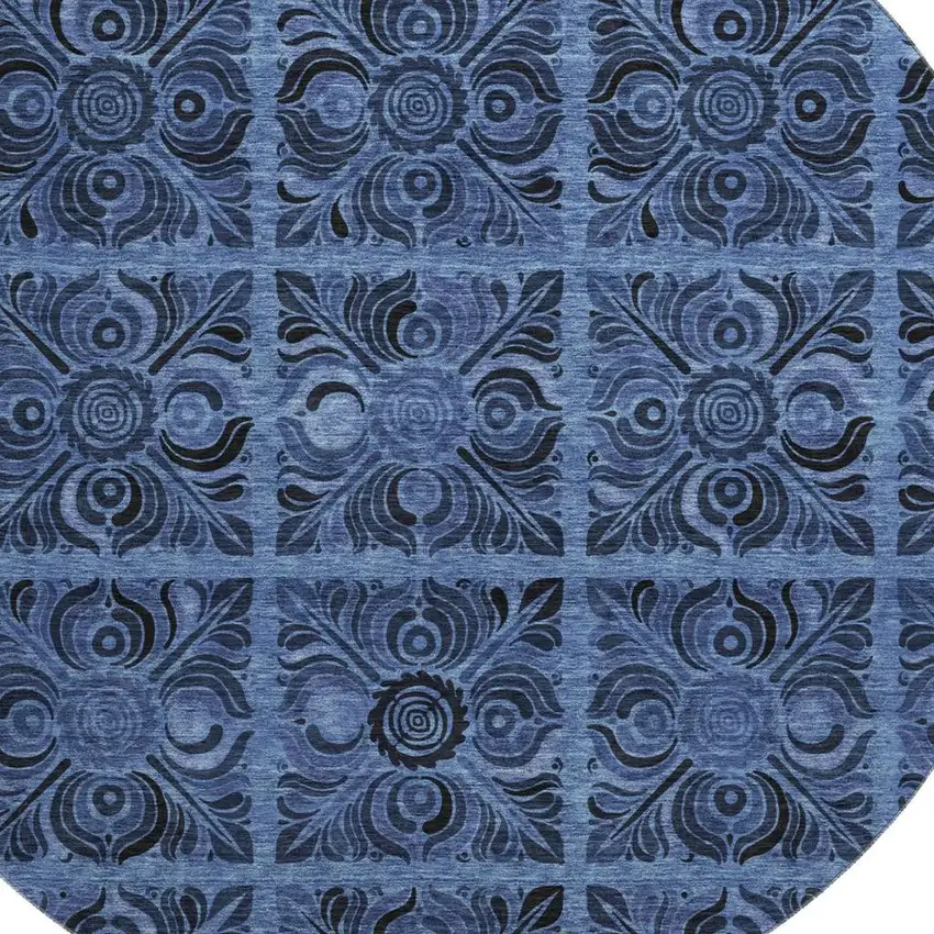 8' Denim Blue And Charcoal Medallion Washable Round Rug With UV Protection Photo 3