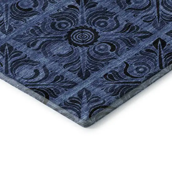 8' Denim Blue And Charcoal Medallion Washable Round Rug With UV Protection Photo 7