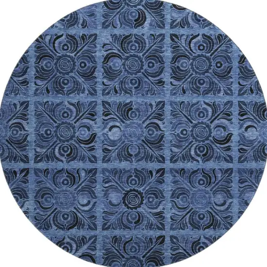 8' Denim Blue And Charcoal Medallion Washable Round Rug With UV Protection Photo 4