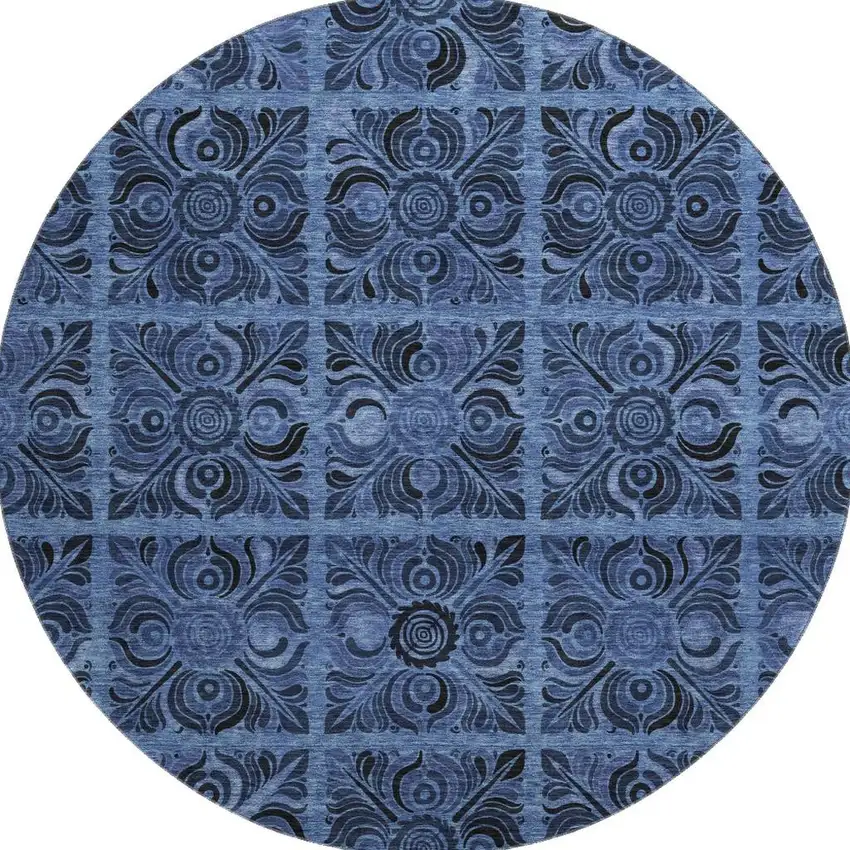 8' Denim Blue And Charcoal Medallion Washable Round Rug With UV Protection Photo 4
