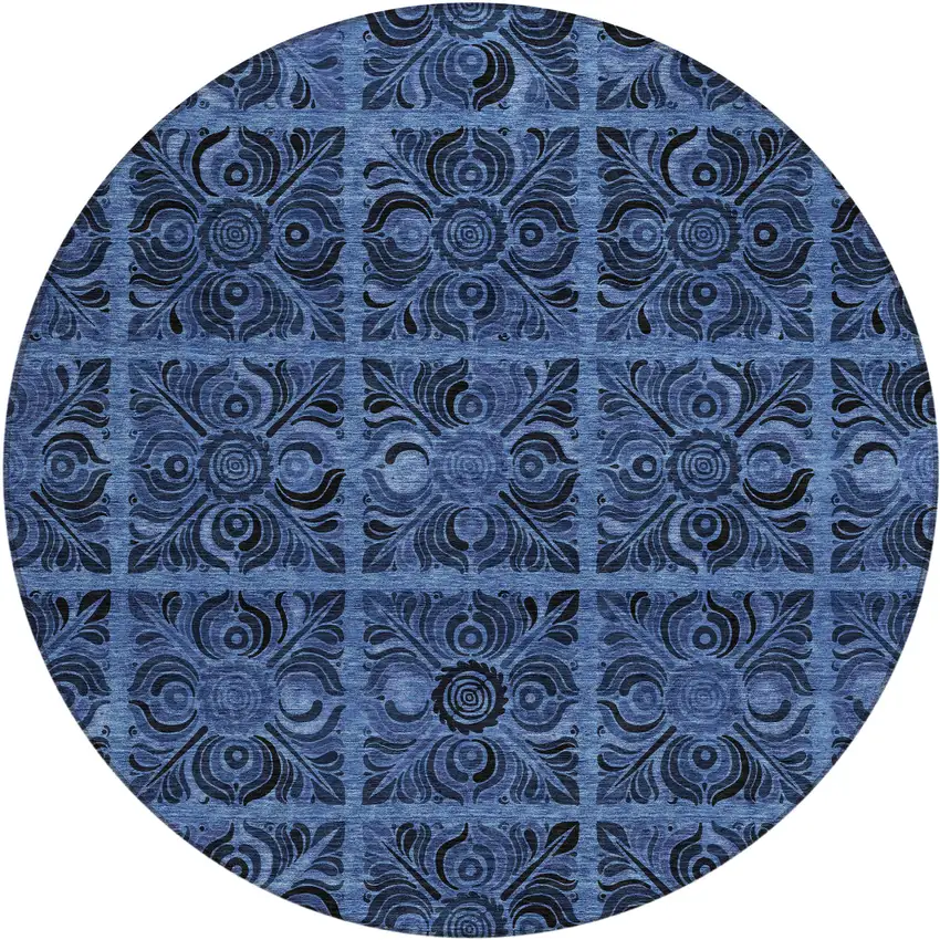 8' Denim Blue And Charcoal Round Medallion Washable Indoor Outdoor Area Rug Photo 2