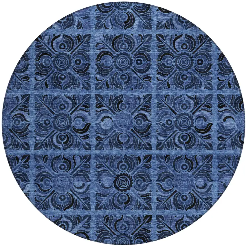 8' Denim Blue And Charcoal Round Medallion Washable Indoor Outdoor Area Rug Photo 2