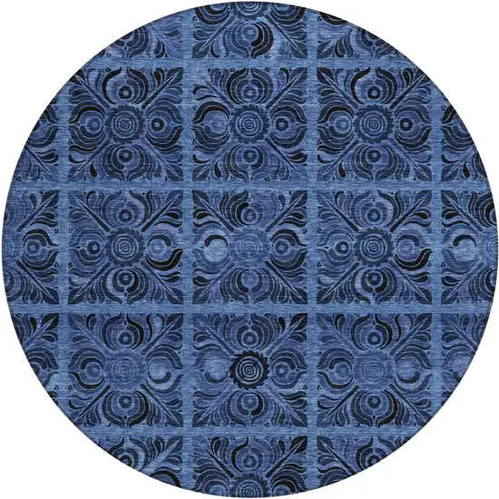 8' Denim Blue And Charcoal Round Medallion Washable Indoor Outdoor Area Rug Photo 2