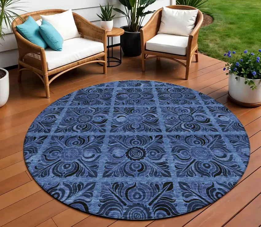 8' Denim Blue And Charcoal Round Medallion Washable Indoor Outdoor Area Rug Photo 1