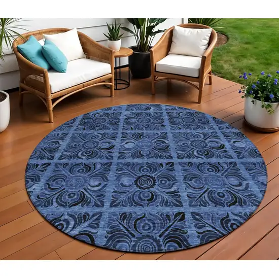 8' Denim Blue And Charcoal Round Medallion Washable Indoor Outdoor Area Rug Photo 1