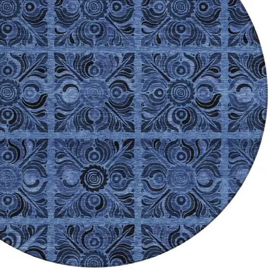8' Denim Blue And Charcoal Round Medallion Washable Indoor Outdoor Area Rug Photo 6