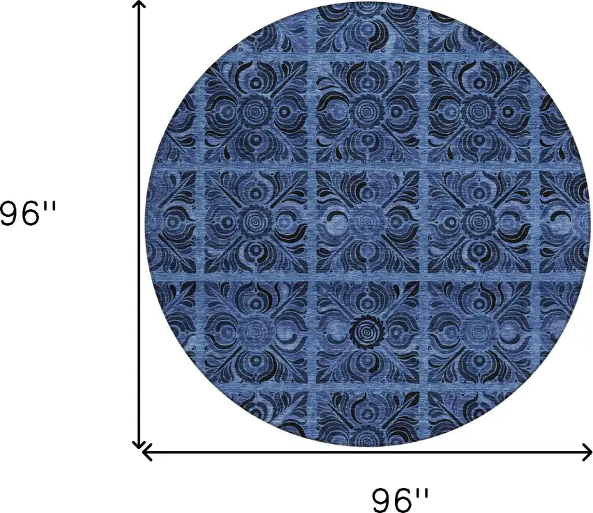 8' Denim Blue And Charcoal Round Medallion Washable Indoor Outdoor Area Rug Photo 3